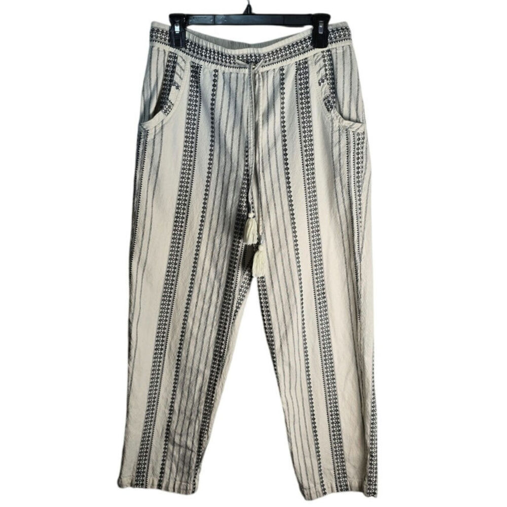 Anthropologie Essential Beach Bohemian Print Tassel White Cotton Pants Size M